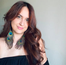 Load image into Gallery viewer, Cruelty Free Peacock Feather Shoulder Duster Earrings - Stainless Steel