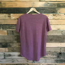 Load image into Gallery viewer, Back of FAUNA purple hemp and organic cotton mens tee featuring a raw edged pocket, curved hem, and round neck.