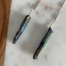 Load image into Gallery viewer, Close-up of Fauna healing crystals as jewelry with these beautiful long shoulder duster earrings. Made from a stainless steel chain with a Rainbow Aura Quartz crystal at the end, connected to stainless steel french hook ear wires.