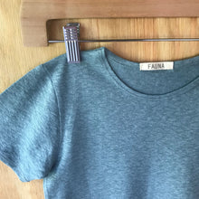 Load image into Gallery viewer, Close-up of FAUNA Kids Sky Blue Hemp tee featuring a curved hem, round neck, and lots of love to Mother Earth.