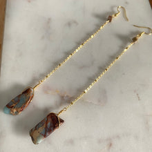 Load image into Gallery viewer, Fauna healing crystal jewelry long shoulder duster earrings made from an 18K gold plated chain with a Snakeskin Jasper crystal at the end, Snakeskin Jasper mini crystal at the top, and connected to 18K gold plated stainless steel french hook ear wires.