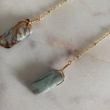 Load image into Gallery viewer, Fauna healing crystal jewelry long shoulder duster earrings made from an 18K gold plated chain with a Snakeskin Jasper crystal at the end, Snakeskin Jasper mini crystal at the top, and connected to 18K gold plated stainless steel french hook ear wires.
