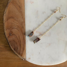 Load image into Gallery viewer, Fauna healing crystal jewelry long shoulder duster earrings made from an 18K gold plated chain with a Snakeskin Jasper crystal at the end, Snakeskin Jasper mini crystal at the top, and connected to 18K gold plated stainless steel french hook ear wires.