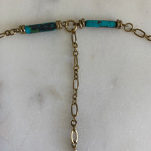 Load image into Gallery viewer, Close-up of Fauna beautiful head chain jewelry made from brass chains and recycled turquoise beads.
