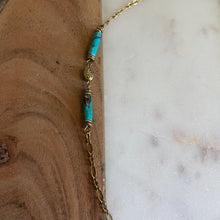 Load image into Gallery viewer, Close-up of Fauna beautiful head chain jewelry made from brass chains and recycled turquoise beads.
