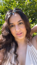 Load image into Gallery viewer, Woman wearing a Fauna eucalyptus and organic cotton maxi dress and beautiful head chain jewelry made from brass chains and recycled turquoise beads.
