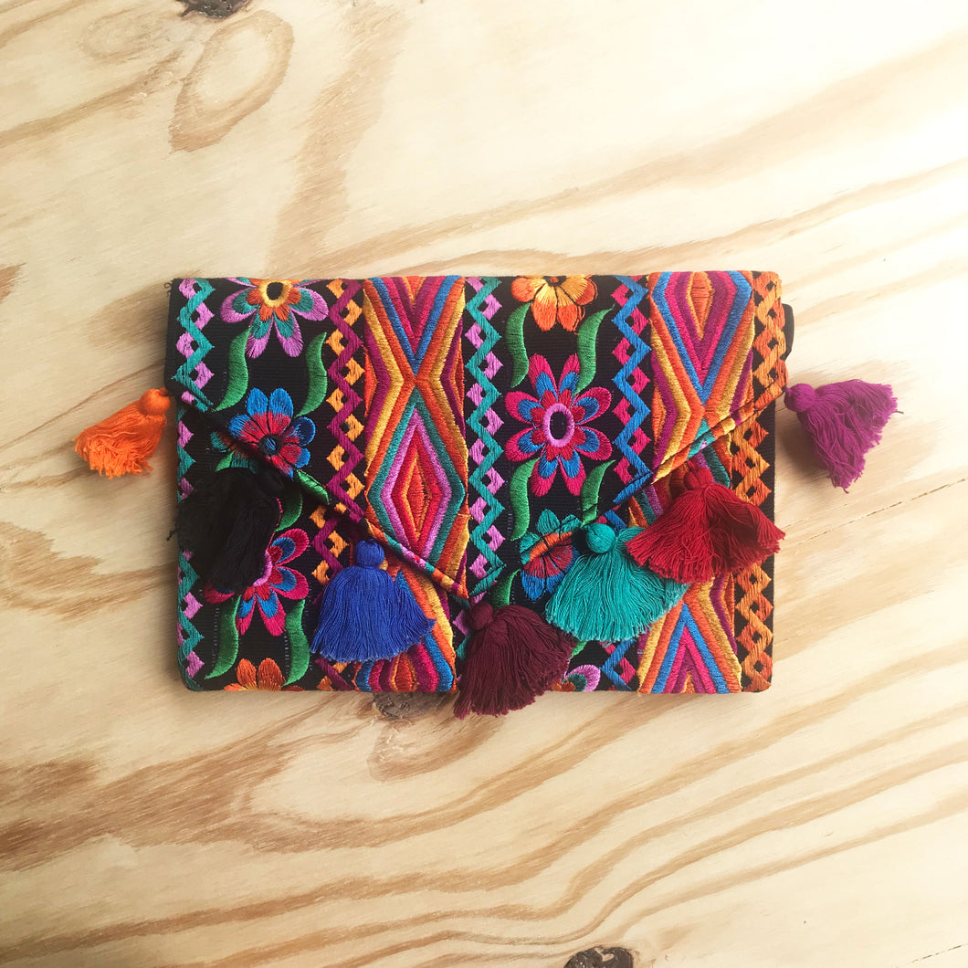 Embroidered Clutch Purse with Fringe Accents