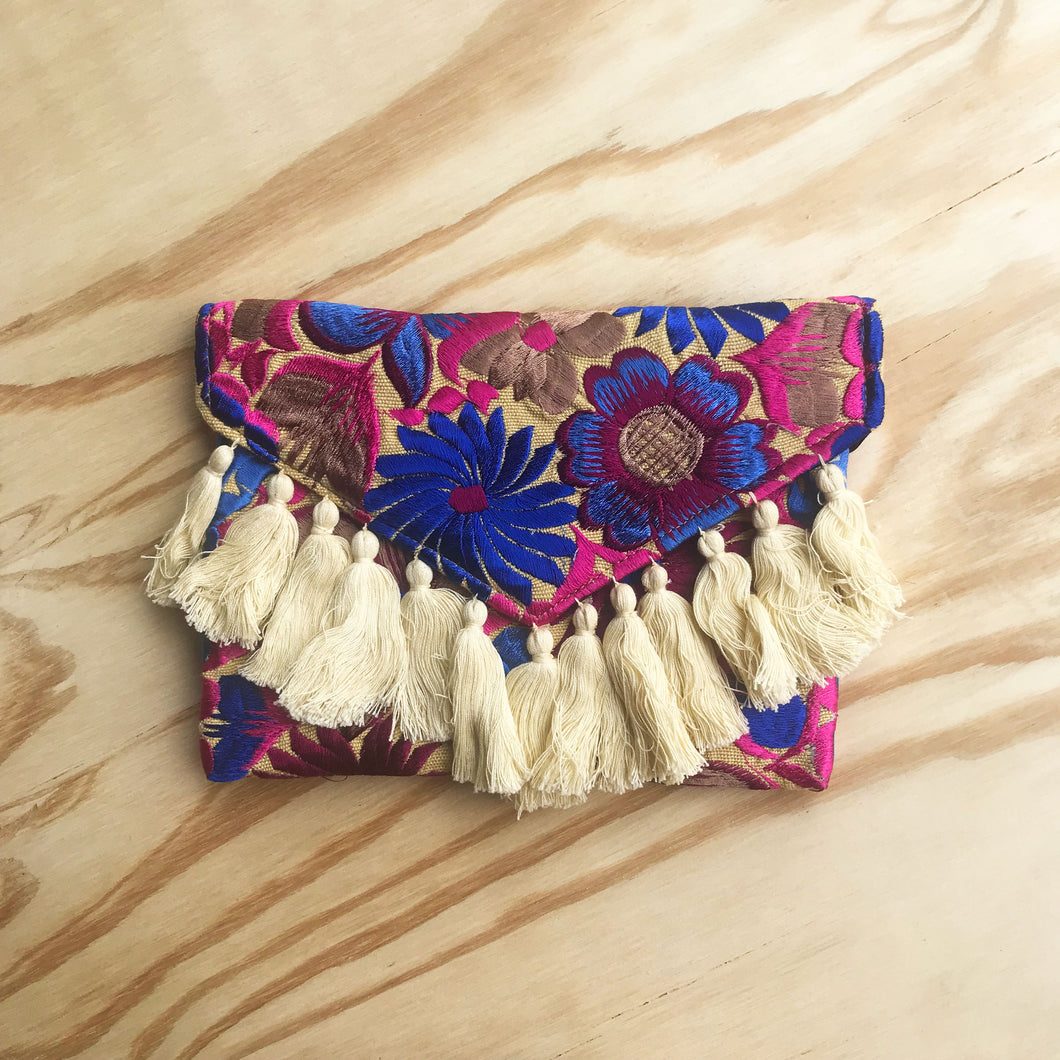 Embroidered Clutch Purse with Fringe Accents