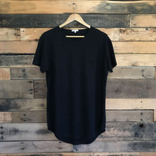 Load image into Gallery viewer, FAUNA black hemp and organic cotton mens tee featuring a raw edged pocket, curved hem, and round neck. 

