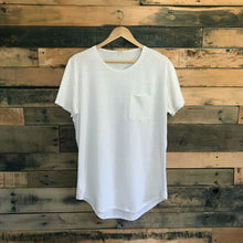 Load image into Gallery viewer, FAUNA off-white hemp and organic cotton mens tee featuring a raw edged pocket, curved hem, and round neck. 

