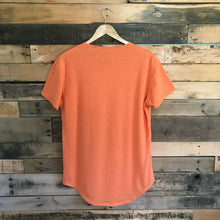 Load image into Gallery viewer, Back of FAUNA orange hemp and organic cotton mens tee featuring a raw edged pocket, curved hem, and round neck. 
