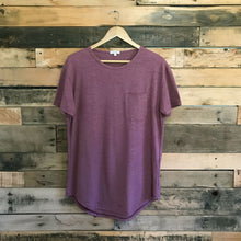 Load image into Gallery viewer, FAUNA purple hemp and organic cotton mens tee featuring a raw edged pocket, curved hem, and round neck. 
