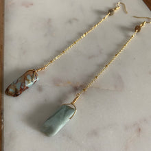 Load image into Gallery viewer, Fauna healing crystal jewelry long shoulder duster earrings made from an 18K gold plated chain with a Snakeskin Jasper crystal at the end, Snakeskin Jasper mini crystal at the top, and connected to 18K gold plated stainless steel french hook ear wires.
