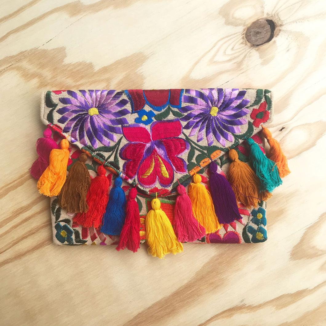 Embroidered Clutch Purse with Fringe Accents