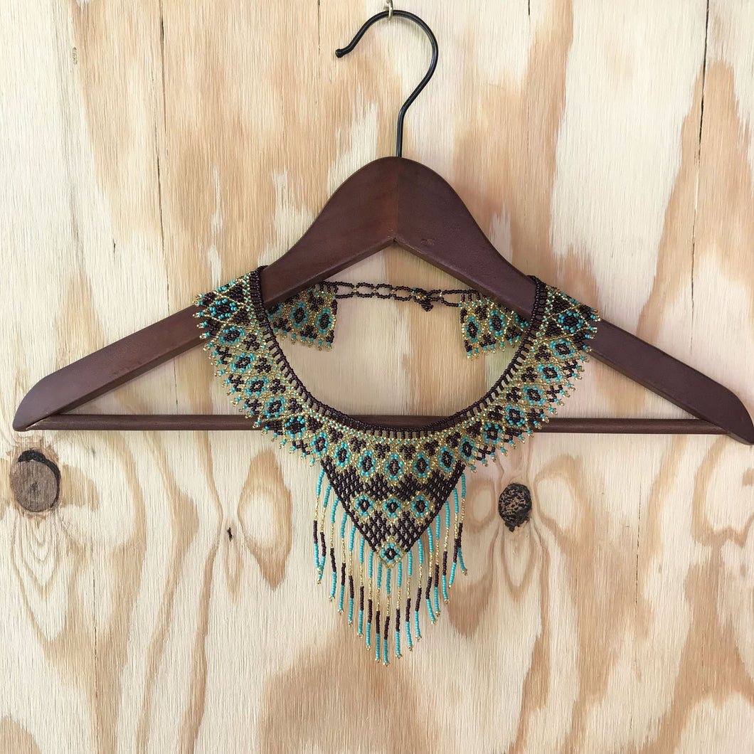 TRIANGULO Turquoise, Purple, & Gold Beaded Fringe Necklace